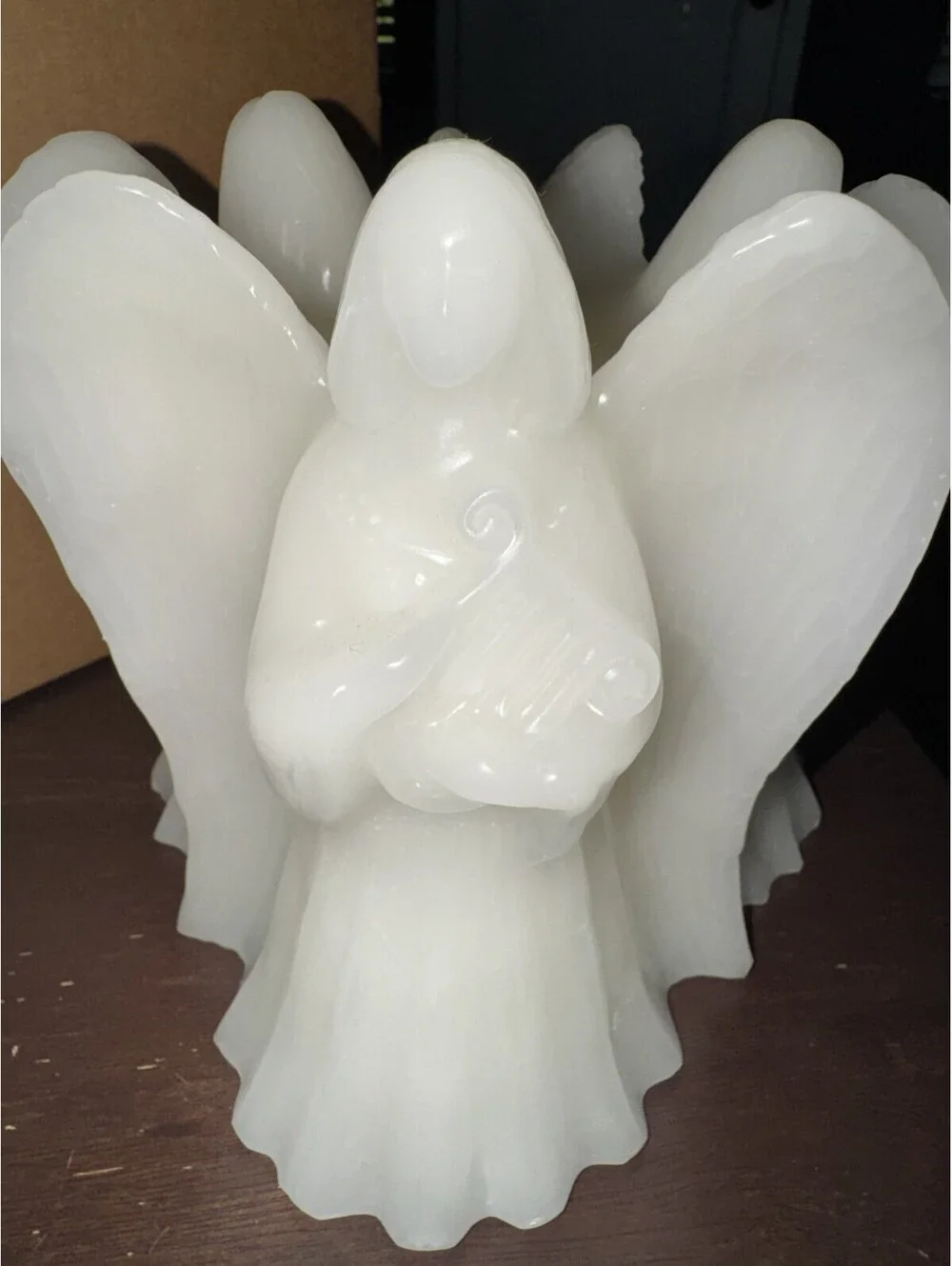 Vintage Figural Wax Candle Guardian Angels Cherubs Harp Wings Large Cream Decor